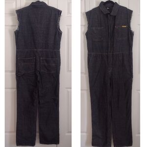 Vintage Prison Blues Rigid Denim Sleeveless Carpenter Coveralls Men's L 38-40